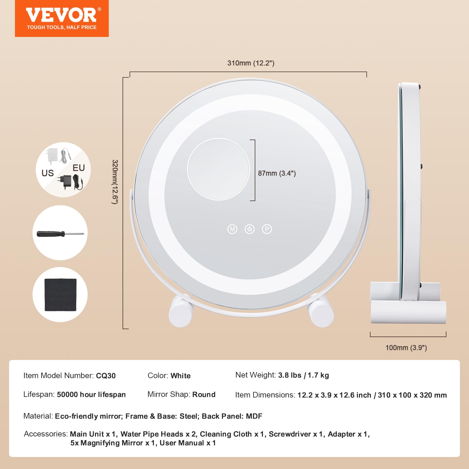 VEVOR Okrągłe lustro toaletowe ze światłami, 3 tryby oświetlenia LED, z 5-krotnym powiększeniem lustra, inteligentne sterowanie dotykowe, obrót o 360°, do stołu sypialnego, 310 x 100 x 320 mm