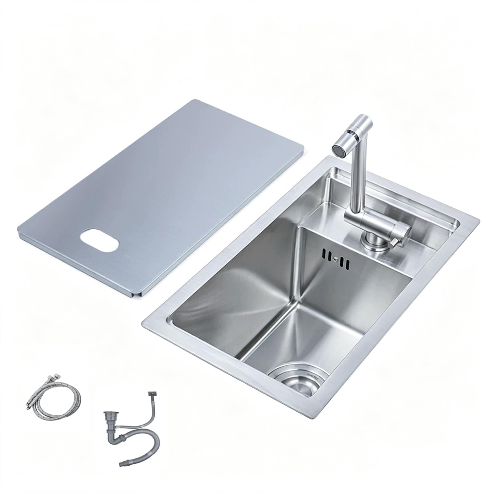 Fregadero Camper, Fregadero de Cocina, Acero Inoxidable 304, Tapa Oculta, Grifo Plegable, 25×43x22 cm, para Autocaravanas y Remolques(Silver)