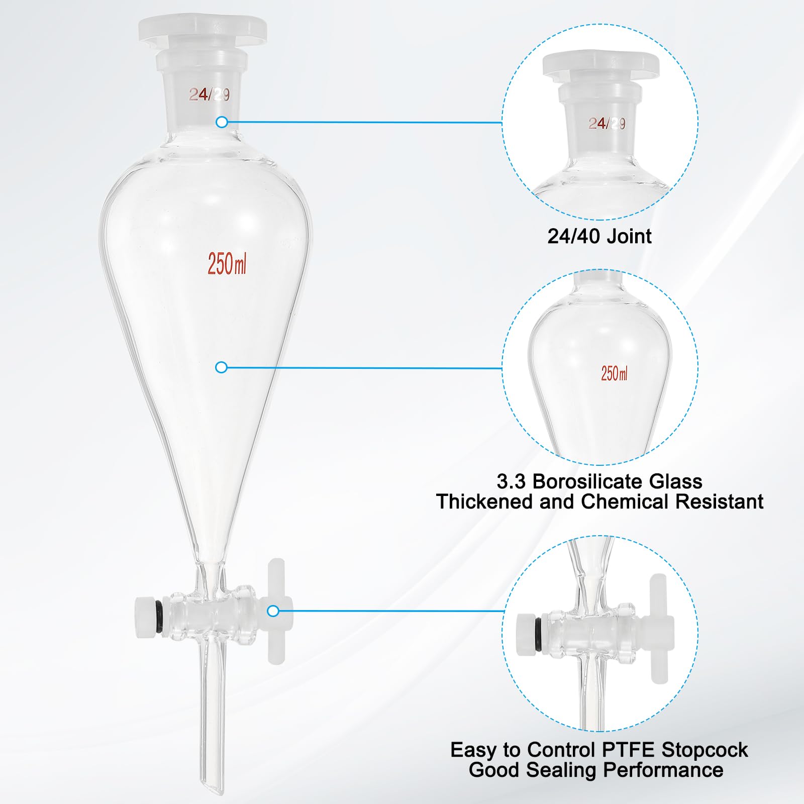 PATIKIL 250ml Entonnoir Séparateur Conique, Entonnoir De Séparation En Verre Borosilicaté À Paroi Épaisse Avec Joints 24/29 Et Robinet En PTFE Pour Extraction Par Titration