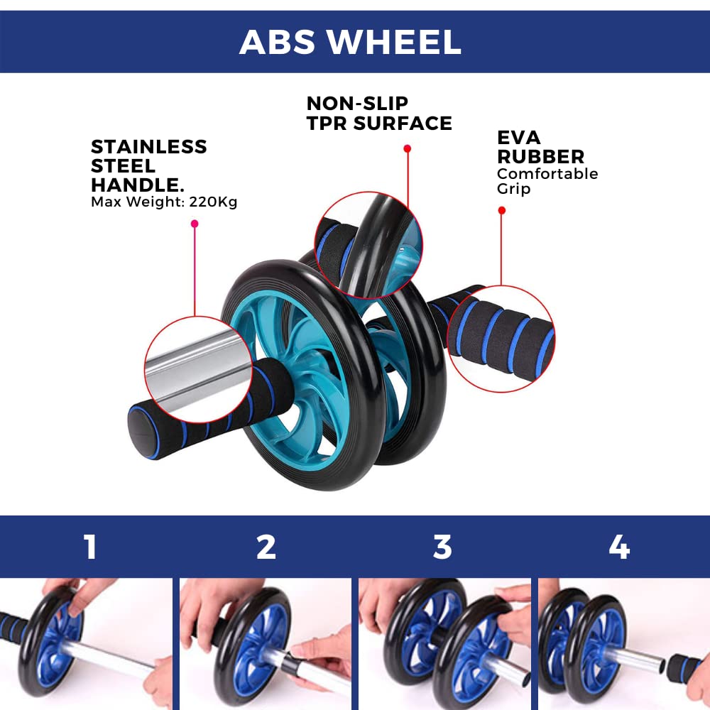 Kit allenamento con rullo addominali, corda elastica di resistenza con pedali e tappetino per ginocchia, set fitness 5 in 1 esercizi in casa e palestra. K4706