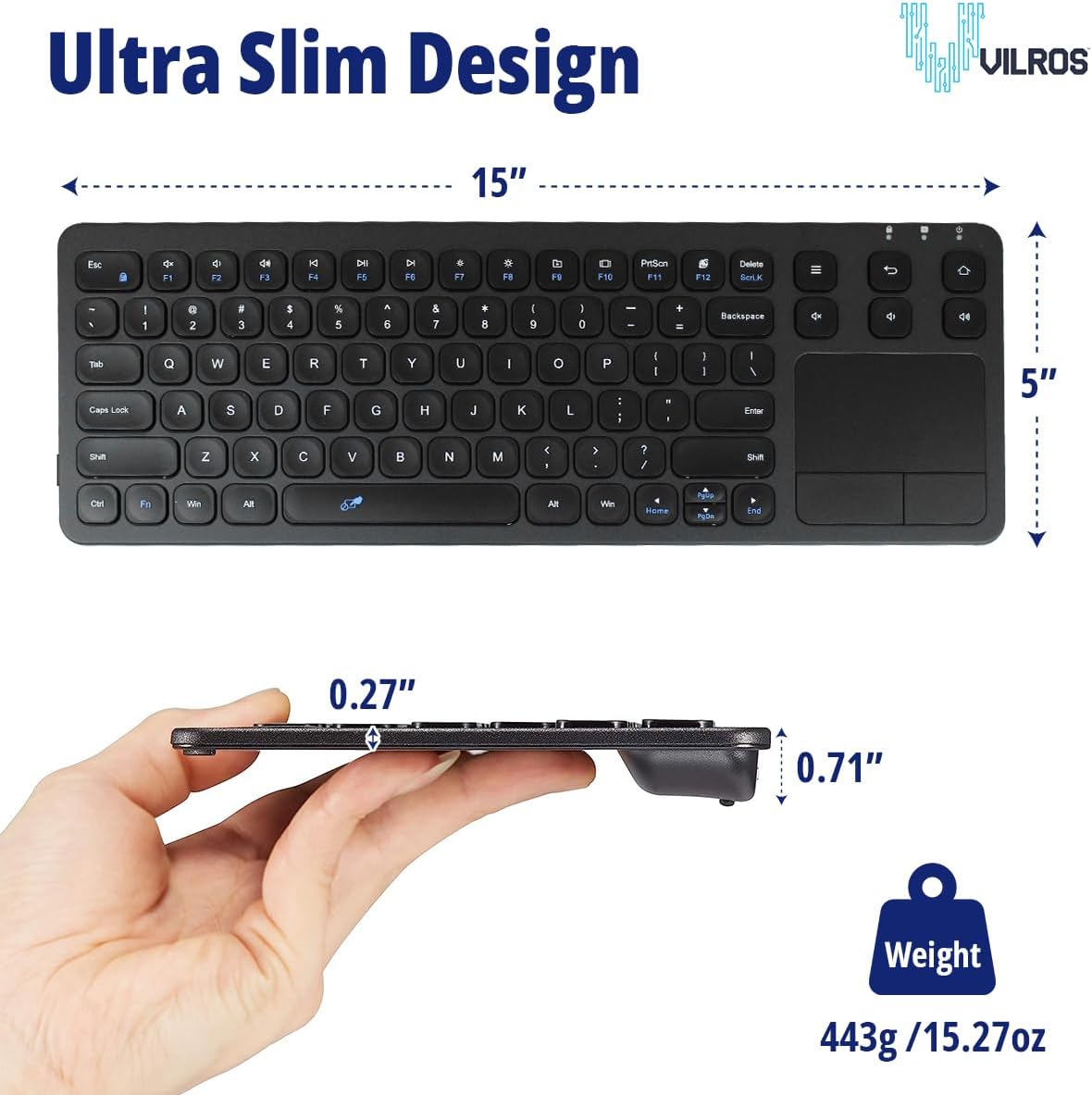 Vilros 2.4G Wireless & Wired Touch Keyboard with Built-in Touchpad- USB Wired + 2.4G Wireless Keyboard Compatible with Raspberry Pi
