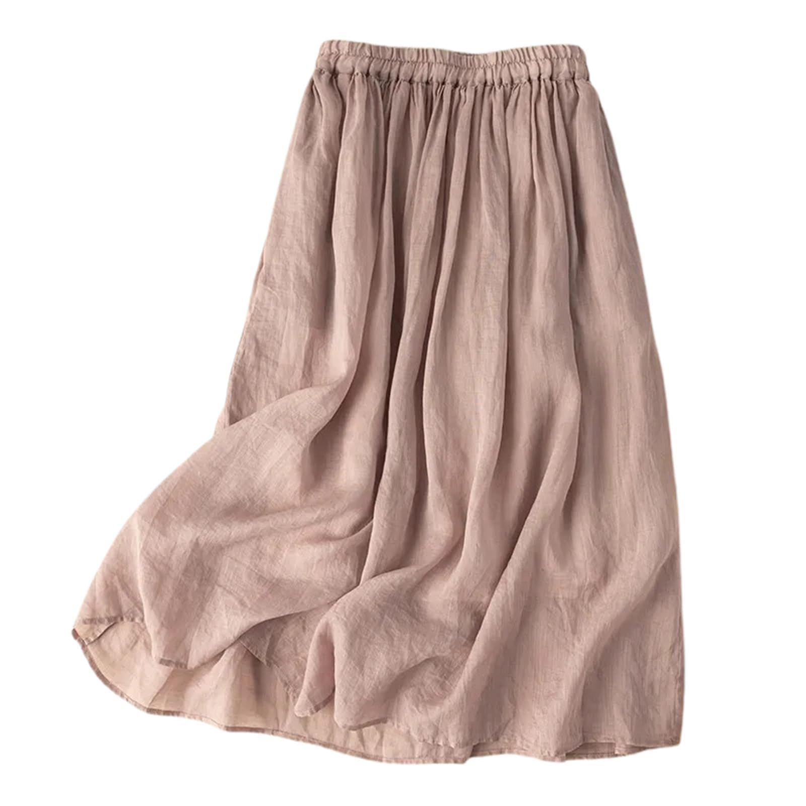 Gonna Midi Estiva in Lino Tinta Unita da Donna con Elastico in Vita ed Elegante
