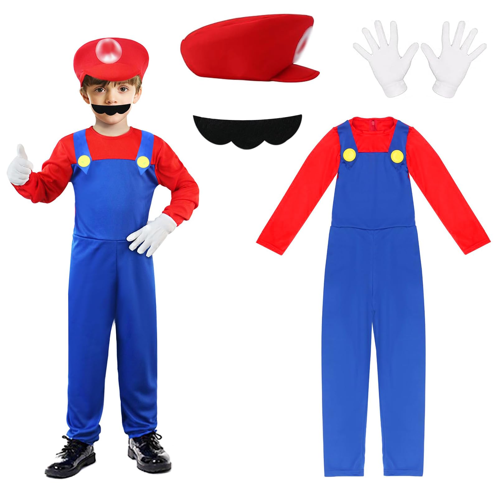 GUBOOM Disfraz de Mario Bros Cosplay para Niñas Niños, Disfraz de Mario y Luigi con Gorra, Barba y Guantes, Disfraz Mario y Luigi para Niños para Halloween Carnaval Cosplay