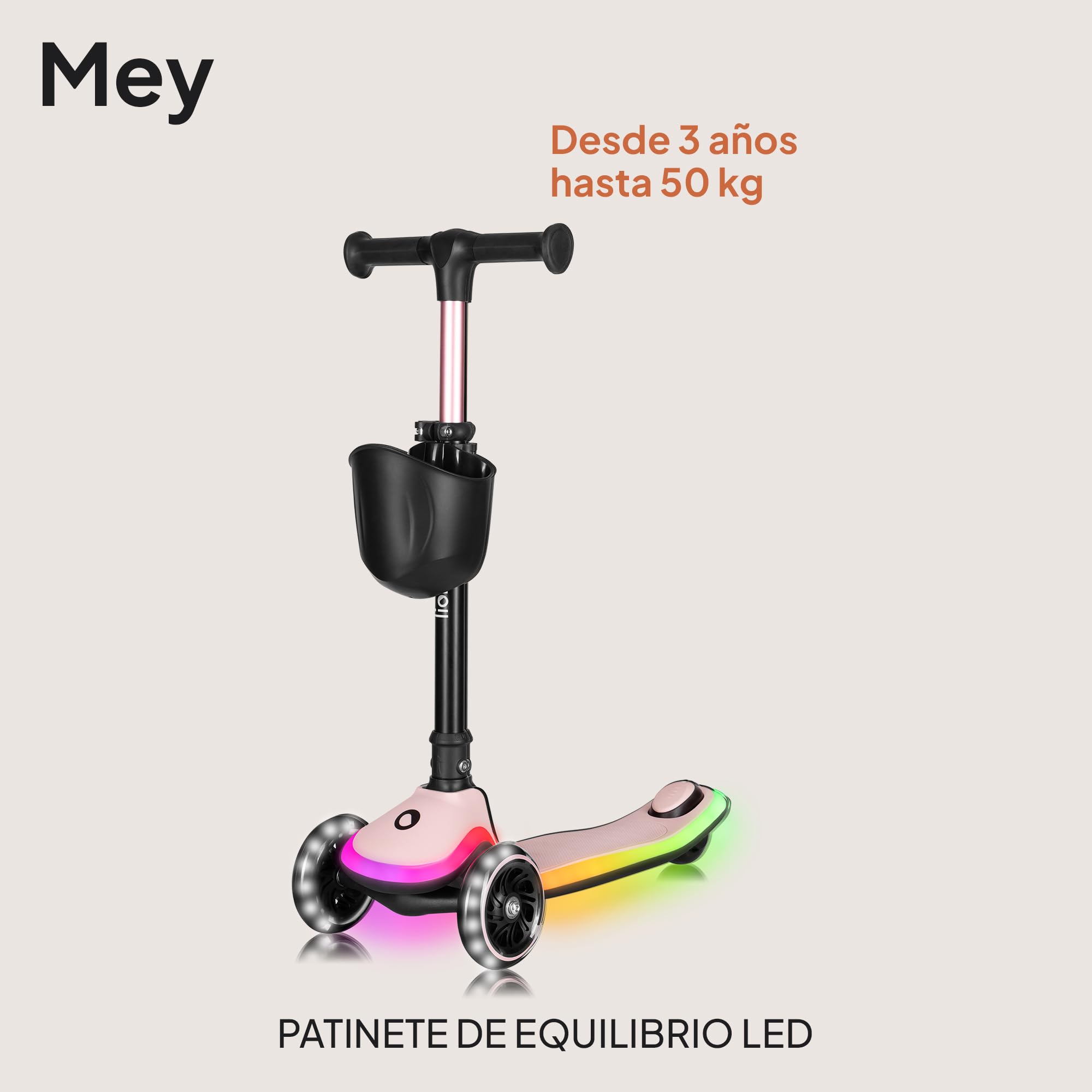 LIONELO MEY Patinete de Equilibrio para Niños Desde 3 años hasta 50 kg, Scooter Infantil Patinete de 3 Ruedas con Ajuste de Altura, Plataforma Antideslizante Iluminada y Ruedas LED, Cesta