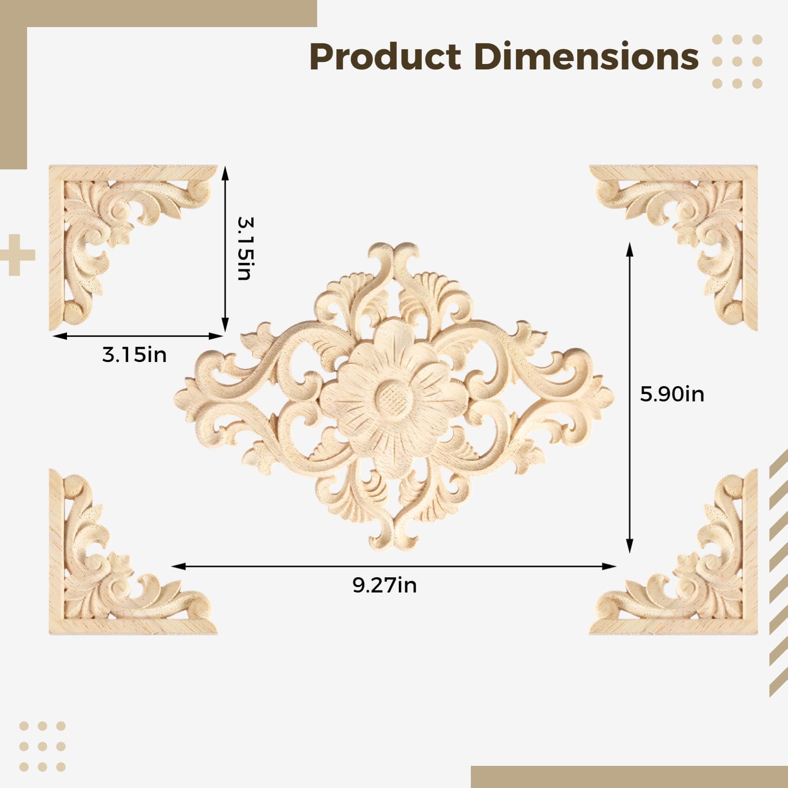 20pcs(4 Pack) Wood Appliques Decorative Carved Onlays, Wooden Carved Appliques DIY Decoration for Wood Furniture, Wood Carving Decals for Wall Cupboard Door Bed Cabinet