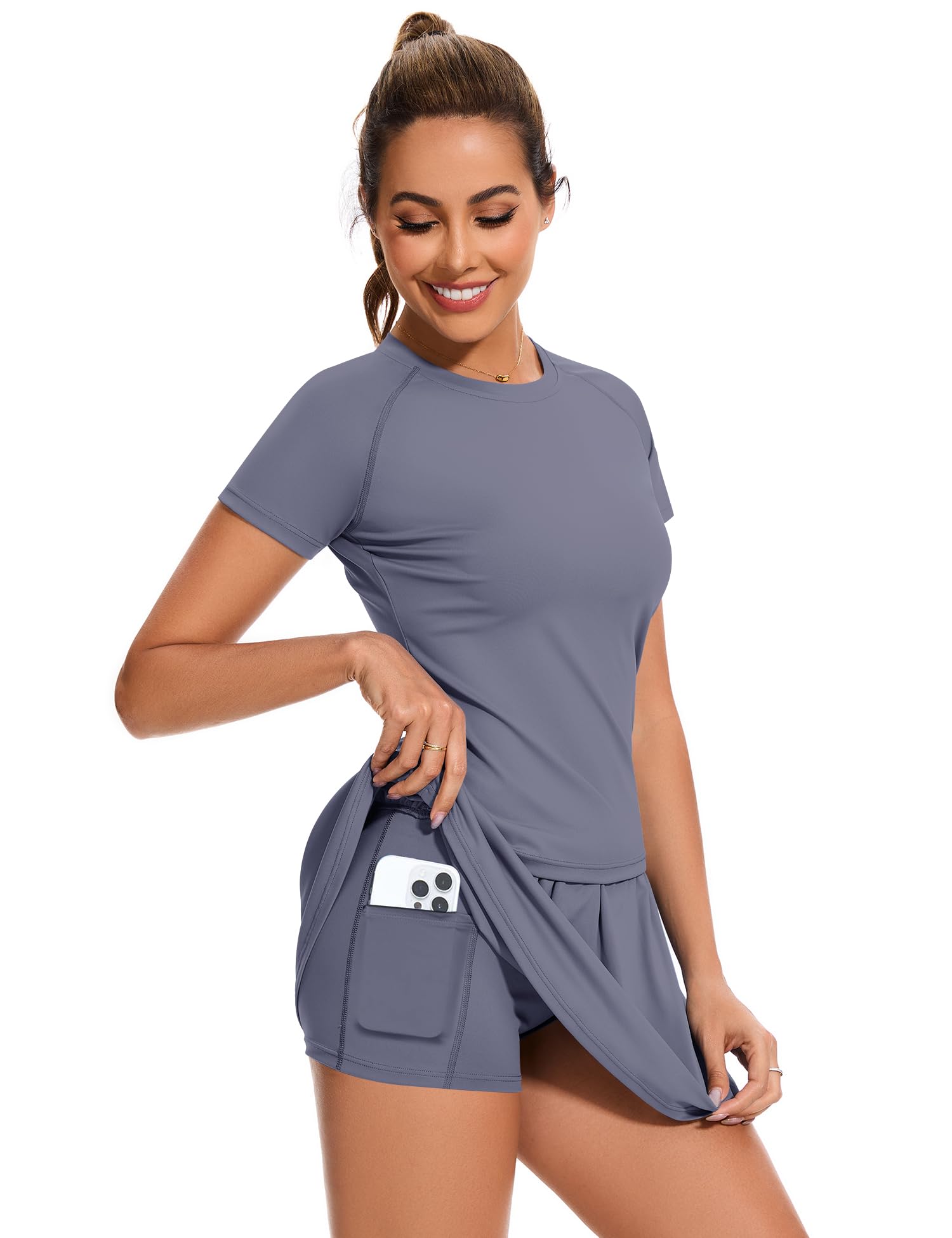 Loovoo Conjunto de falda de 2 piezas para mujer, camisas de entrenamiento, camisetas básicas, pantalones cortos de tenis, faldas plisadas con bolsillos