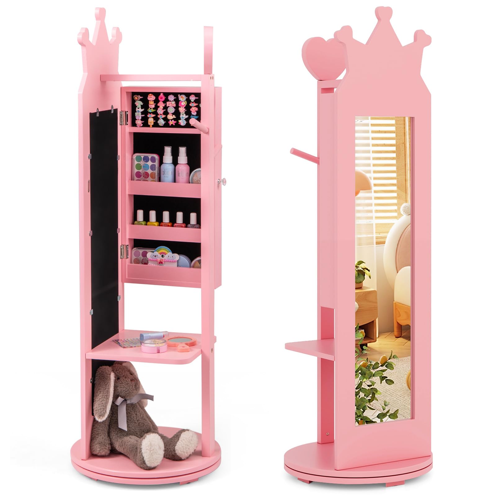 COSTWAY Armario de Joyería para Niñas, Espejo Joyero de Cuerpo Entero de Pie con Base Giratoria y Gran Capacidad de Almacenamiento, Armario para Joyas con Espejo y Perchero (Rosa)