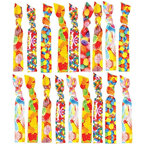 Hair Ties for Girls and Women 18 PCs Pack - Assorted Colors Sparkly No Crease Elastic Stretch Ponytail Holders - Wear as Bracelets - Great Party Favors for Teens, Kids and Tween (Candies Photoreal)