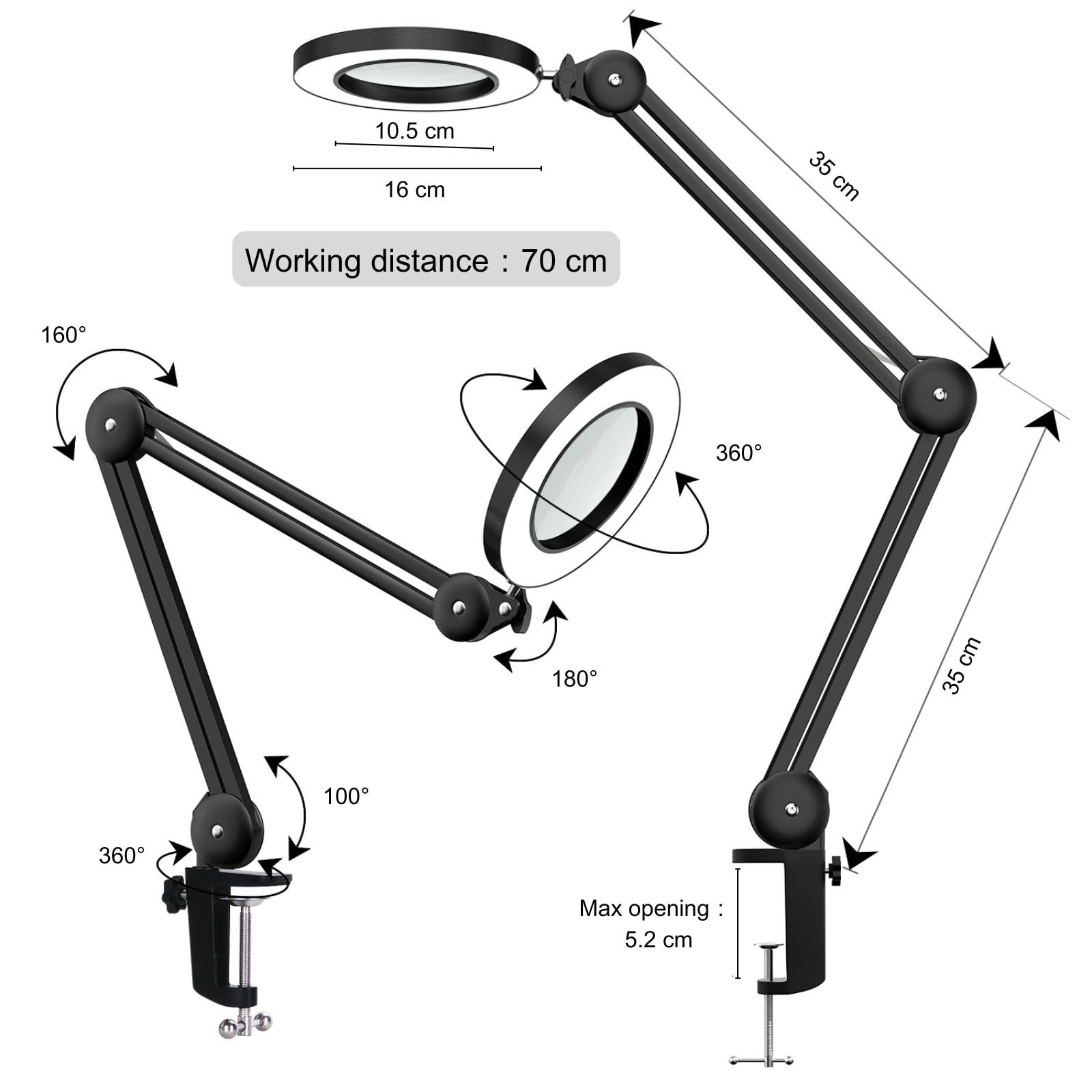Lampka LED z lupą o 5 dioptriach – lampa robocza z 105mm soczewką szklaną, możliwość ściemniania światła (3 kolory) i zaciskiem na stół – elastyczne ramię obrotowe do precyzyjnych prac, robótek