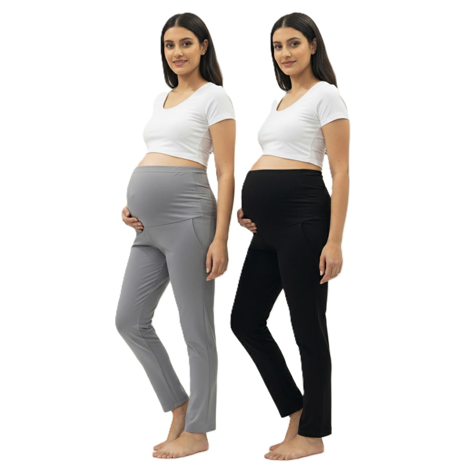 Women Combed Cotton Regular Fit High Rise Maternity Pants - Black & Grey (Pack of 2)-image-7