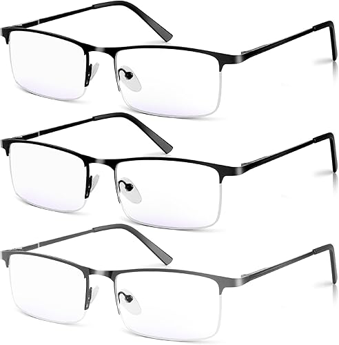 Miniatura 10 de Paquete de 3 lentes de lectura con bloqueo de luz azul para hombres, elegantes lectores de computadora de metal de medio marco, anteojos ligeros con