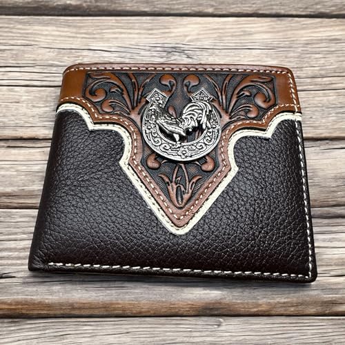 Men’s Short Leather Wallet – Hand Tooled Design with Horseshoe Rooster Concho – Western Cowboy Bifold Wallet for Ranchers, Farmers & Rodeo Gifts2