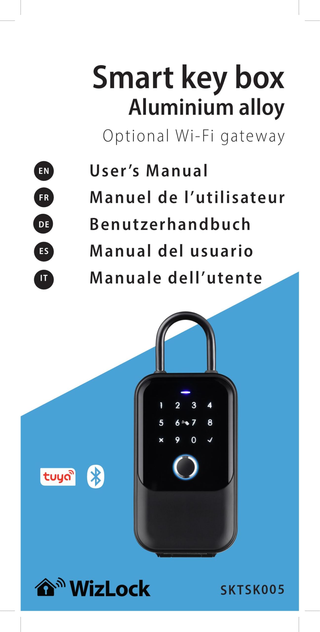 Smart KeyBox - Cassetta portachiavi connessa in alluminio nero - Gateway Bluetooth/Wi-Fi 2,4 GHz incluso - App Tuya - Codice, 4 badge, Impronta, Smartphone, 2 chiavi di riserva