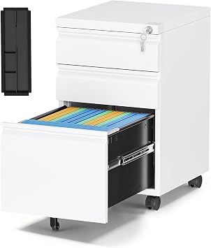 3 Drawer Mobile File Cabinet with Lock,Under Desk Storage Cabinet for Home Office,Vertical Filing Cabinet Fits A4 or Letter SizeUnassembled,White