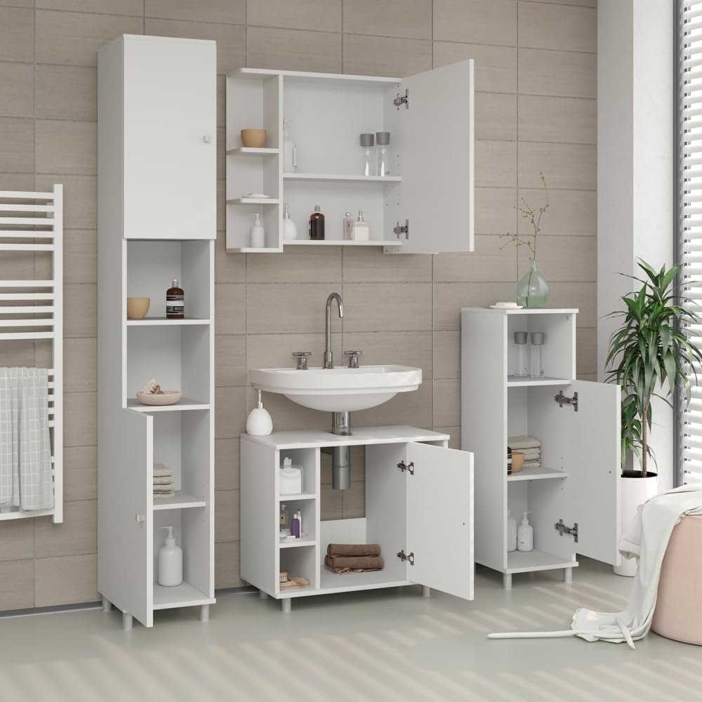 Vicco Armario de baño Fynn, Blanco, 30 x 190 cm | para guardar artículos de baño y toallas