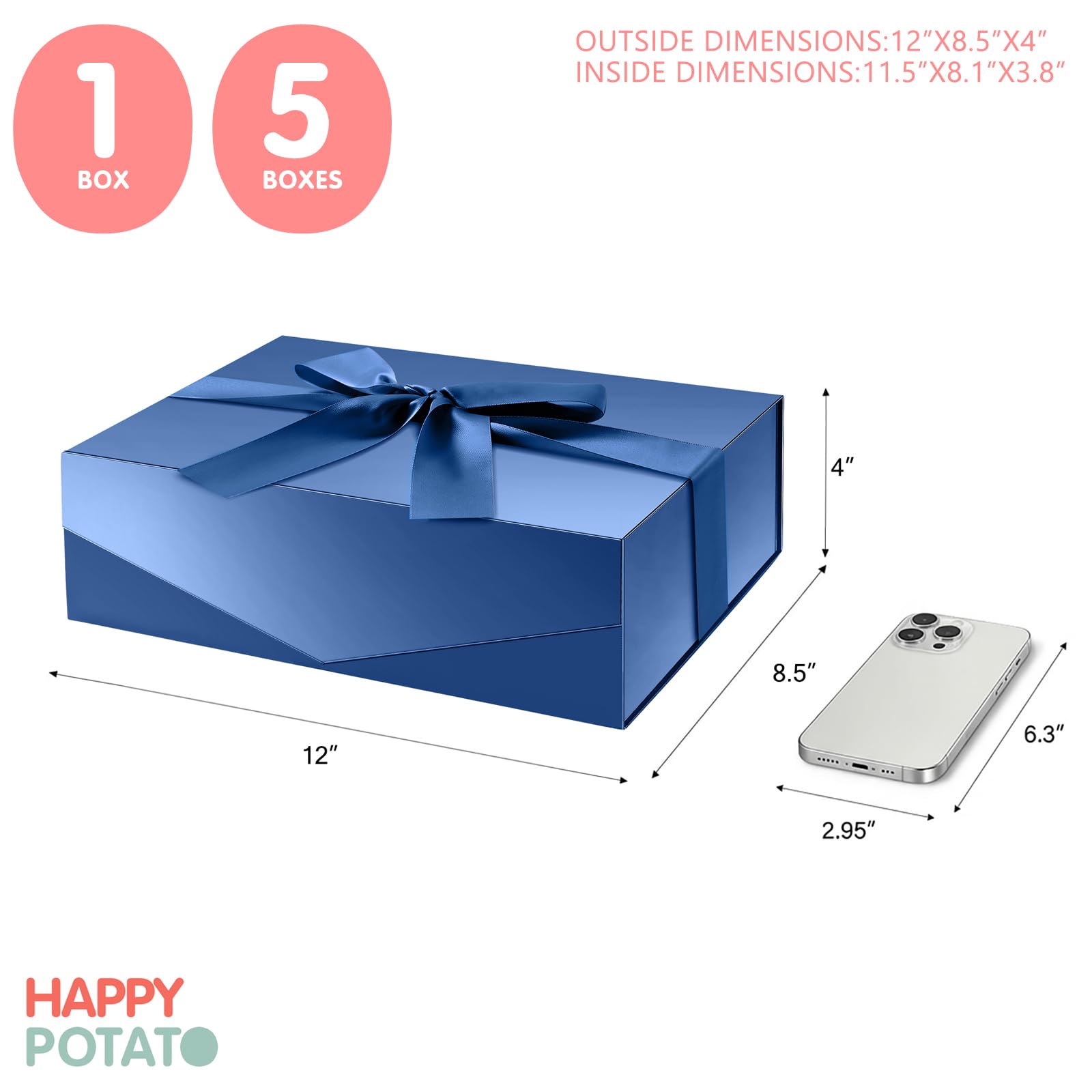 HAPPY POTATO Large Easter Gift Box withLid and Ribbon 11.5x8.1x3.8 Inches, Groomsman Proposal Box, Magnetic Blue Gift Box for Presents (Glossy Blue)