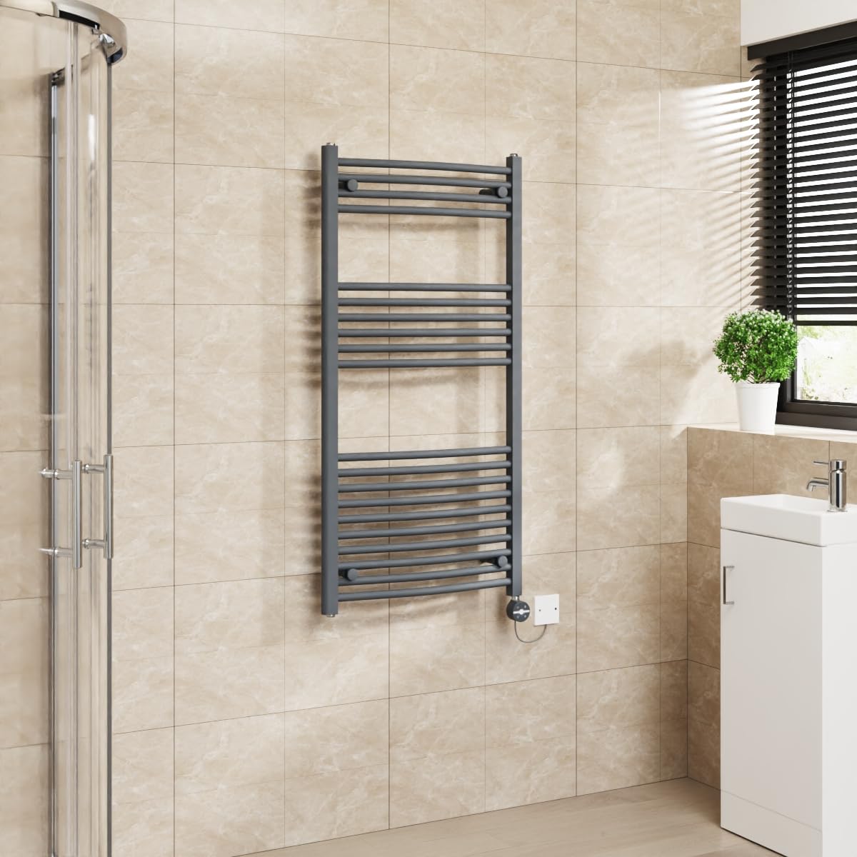 Warmehaus Touch Screen Electric Towel Rail Curved Timer Grey 1200x600mm