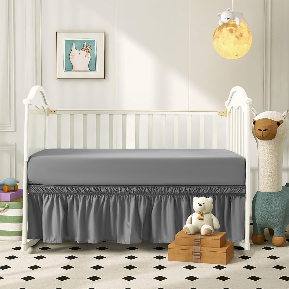 NookZuzu 2 Piece Dark Grey Crib Bed Skirt Fitted Sheet,Crib Sheet Bed Set for Toddlers Baby,52"x28" with 8" Pocket CribSheet,52"x28" with 14" Drop CribSkirt for Standard Toddler Bedding