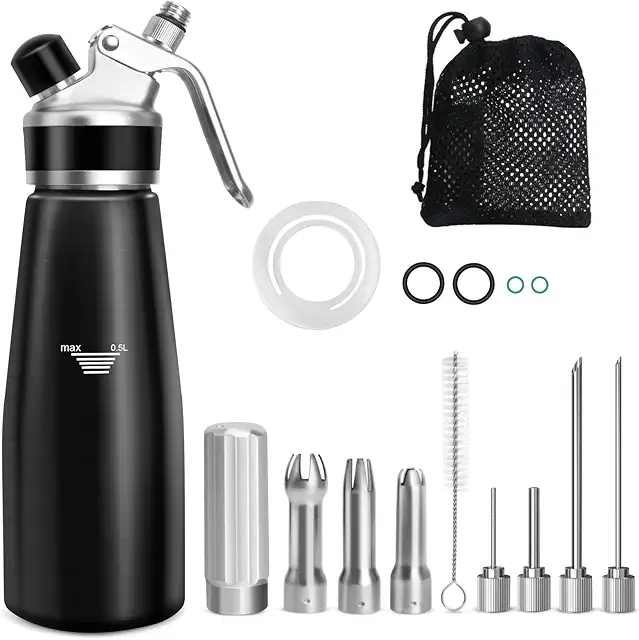 Sahnespender Aluminium 500ml mit Patrone und Deko-Düsen für Desserts