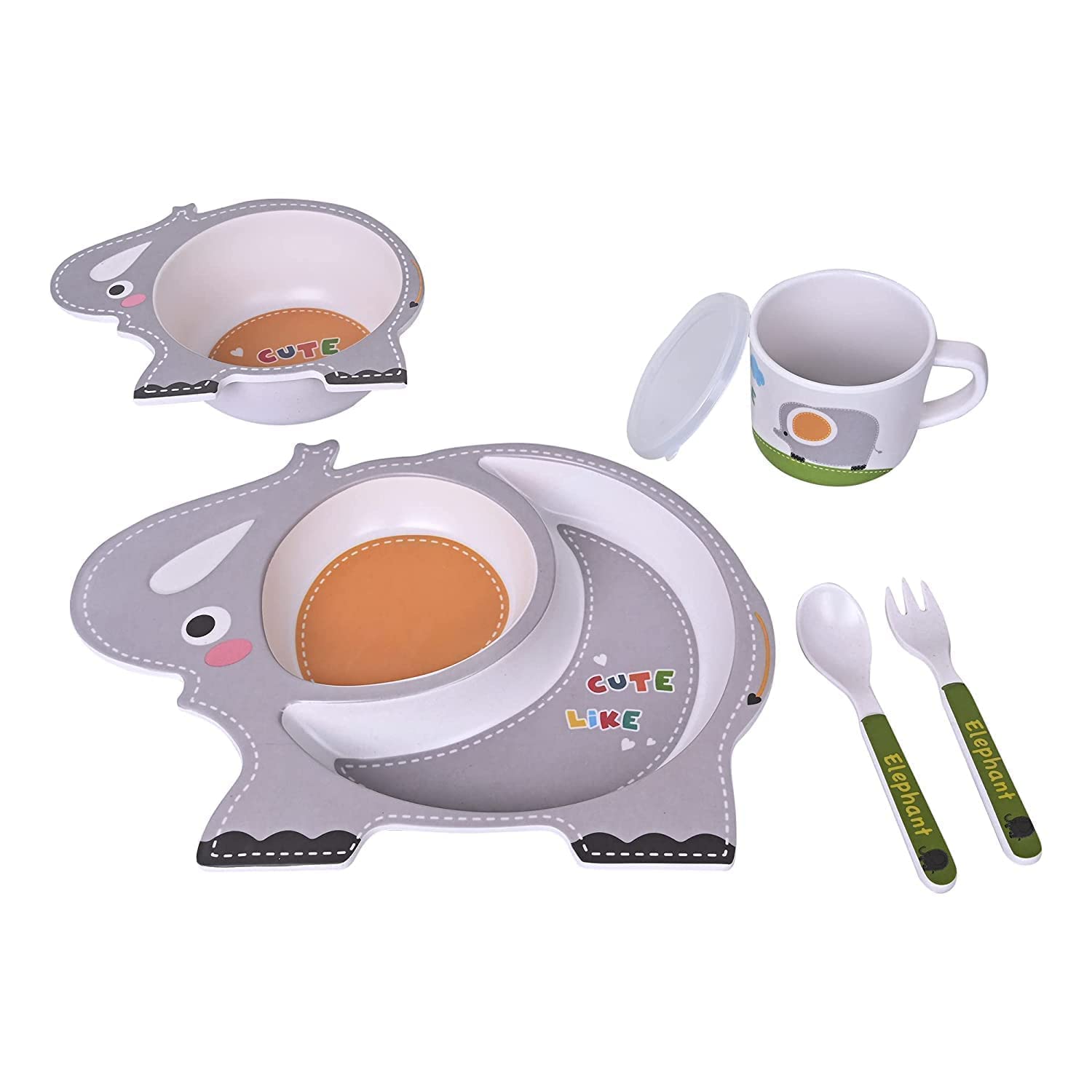 Vajin 5Psc Bamboo Fiber Feeding Set for kidsTableware Plates Party Sets, Lunch Sets, Fun Plate Sets for Kids Play Set, Cartoon Print (Multi Color) (Elephant)-image-30
