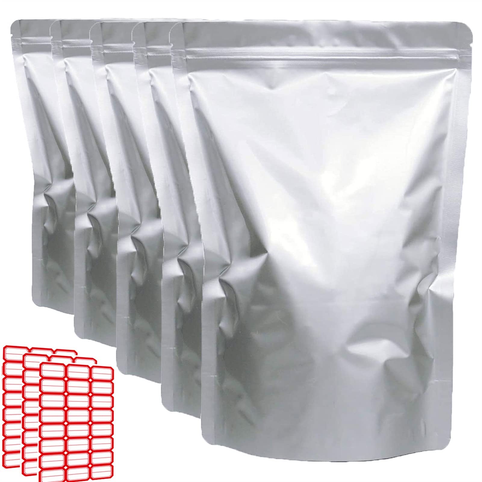 FWKTG 50Pcs Mylar Bags for Food Storage, Metallic Mylar Foil Sealable Bags Stand Up Ziplock Packaging Bag Aluminum Foil Heat Sealing Bags for Long Term Food Collectibles, Resealable Bags