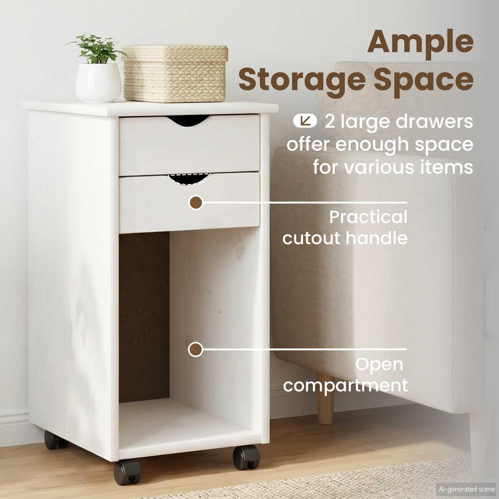 vidaXL Gabinete rodante 34 x 39 x 65,5 cm Pino Macizo, Escritorio de Estudio, diseño Rectangular Minimalista, con Mucho Espacio de Almacenamiento, para Oficina en casa