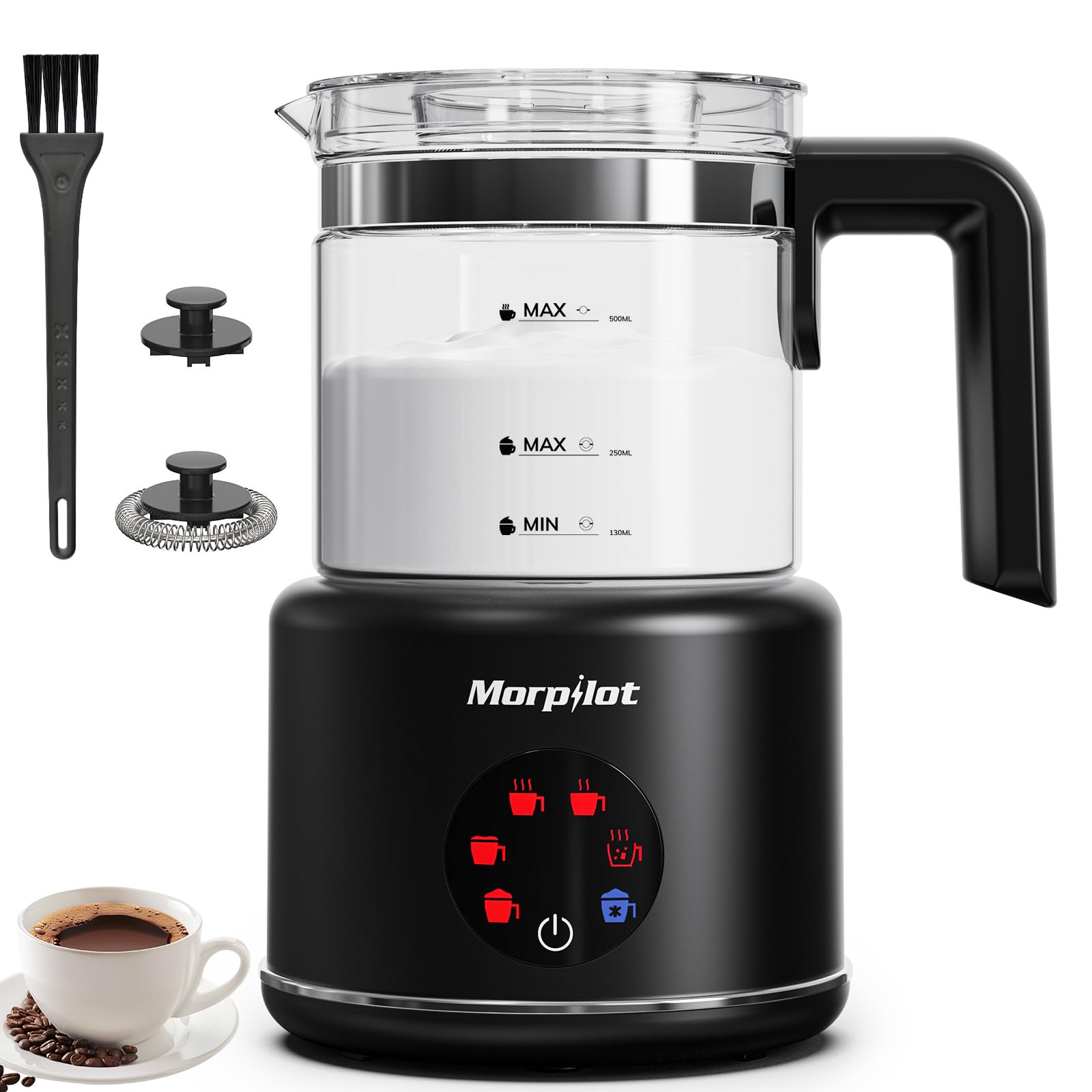 Milk Frother, Morpilot Montalatte Elettrico in Vetro, 6 in 1 Funzione, Capacità 250ml Per Schiumare o 500 ml Per Riscaldare Latte, Design Diviso, Nero