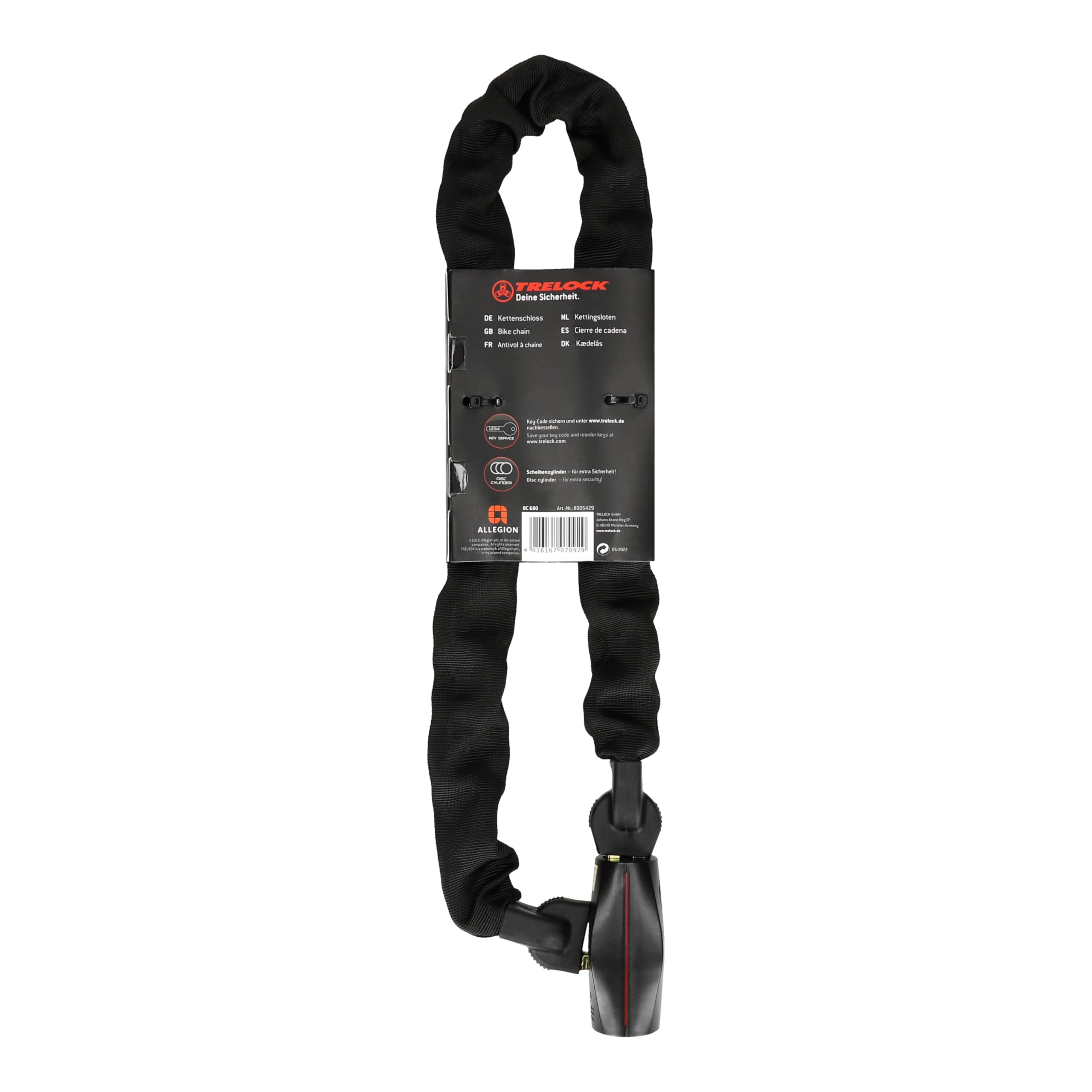 TRELOCK BC 680 Kettenschloss – Länge 110 cm – Kettenglieder 9,5 mm – Sicherheitsstufe 17 – Mit 2 Schlüsseln