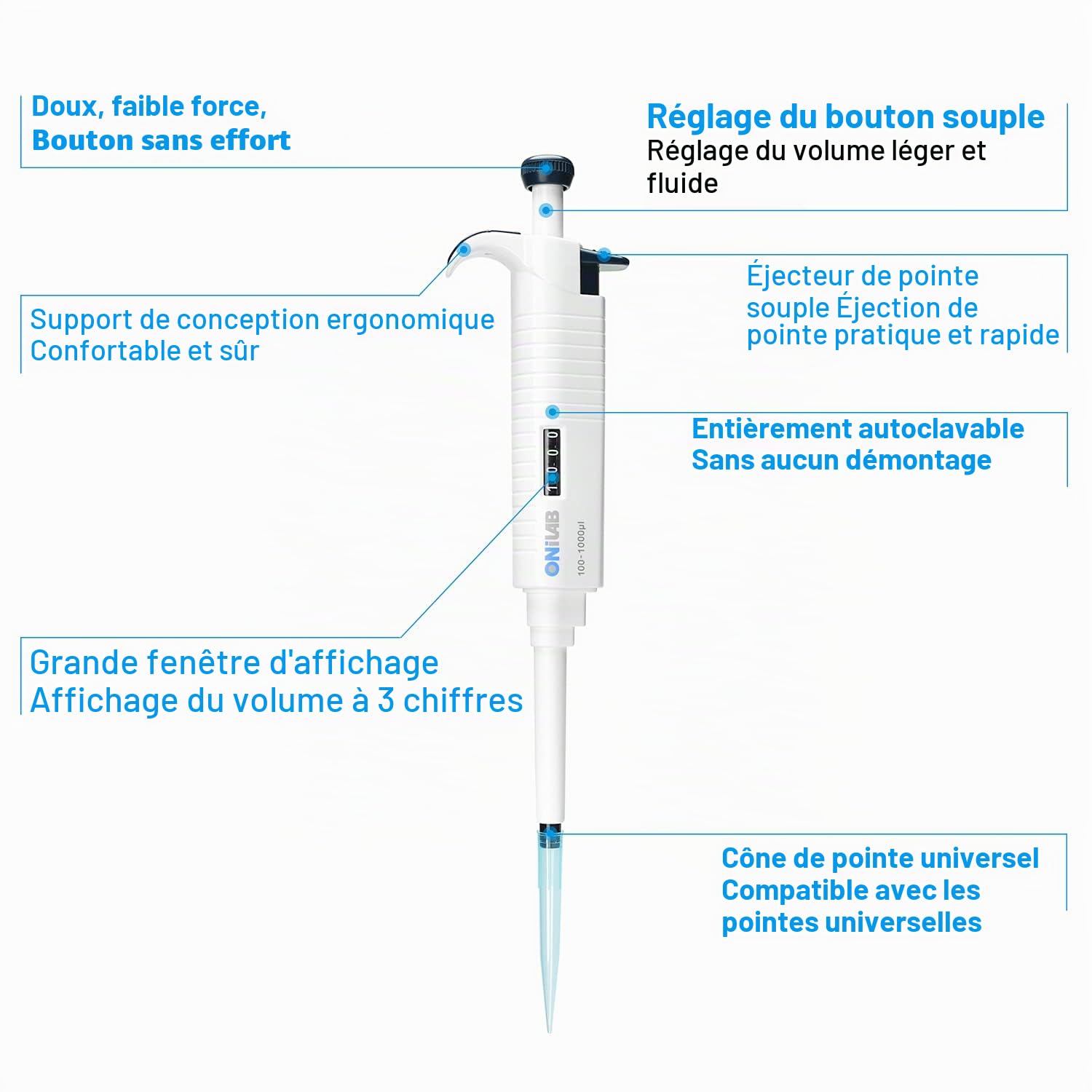 ONiLAB Micropipette de laboratoire, pipette monocanale, pipette à volume réglable, micropipettes, pipette de haute précision, entièrement autoclavable, 10-100 ul