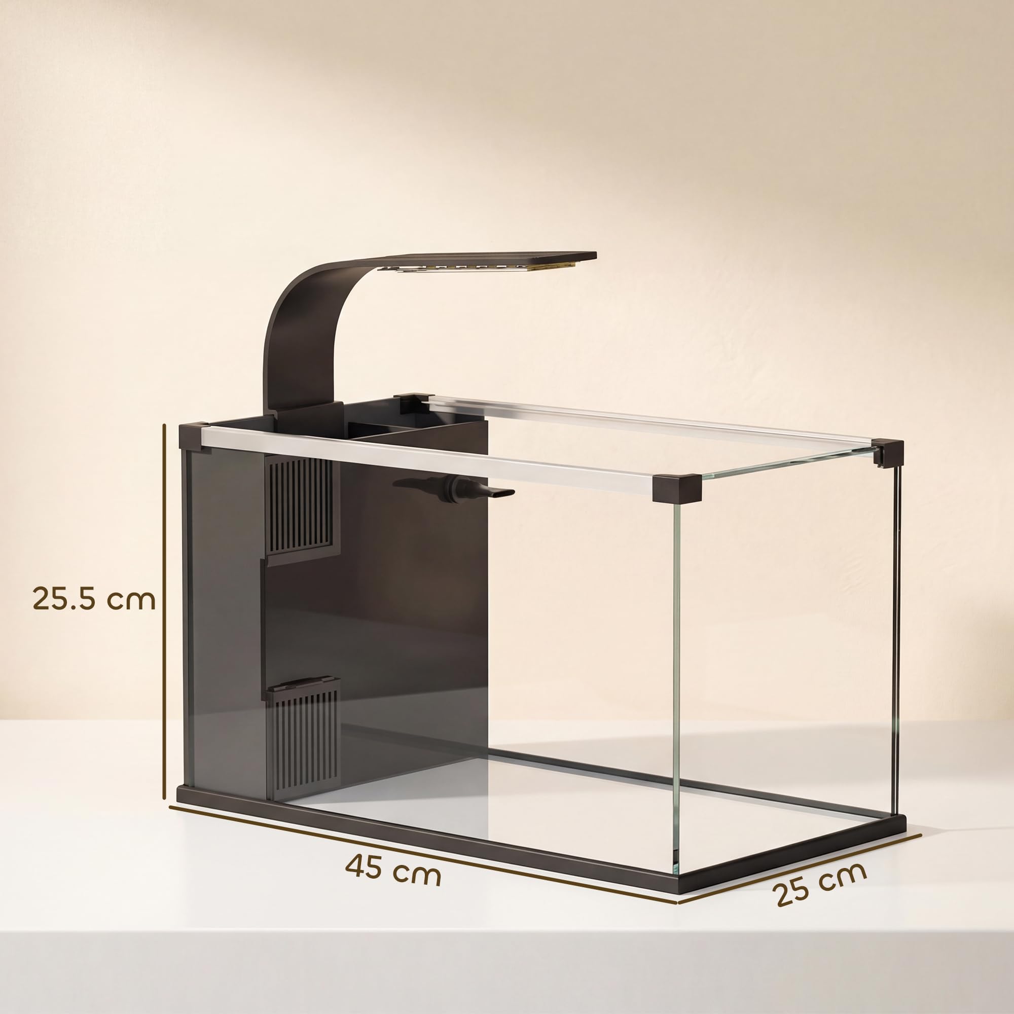 PawHut Acquario in Vetro Temperato 24L, Acquario Completo Piccolo Trasparente con Filtro Integrato, Luce LED e Pompa dell'Acqua per Pesci Tropicali, Pesci Rossi, Casa, Ufficio, 45x25x25.5 cm, Nero