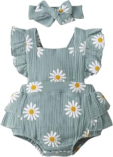 Cute Infant Outfits for Newborn Baby Girl Clothes Daisy Print Crepe Fabric Baby Romper Set Infant Girl 2PC Set