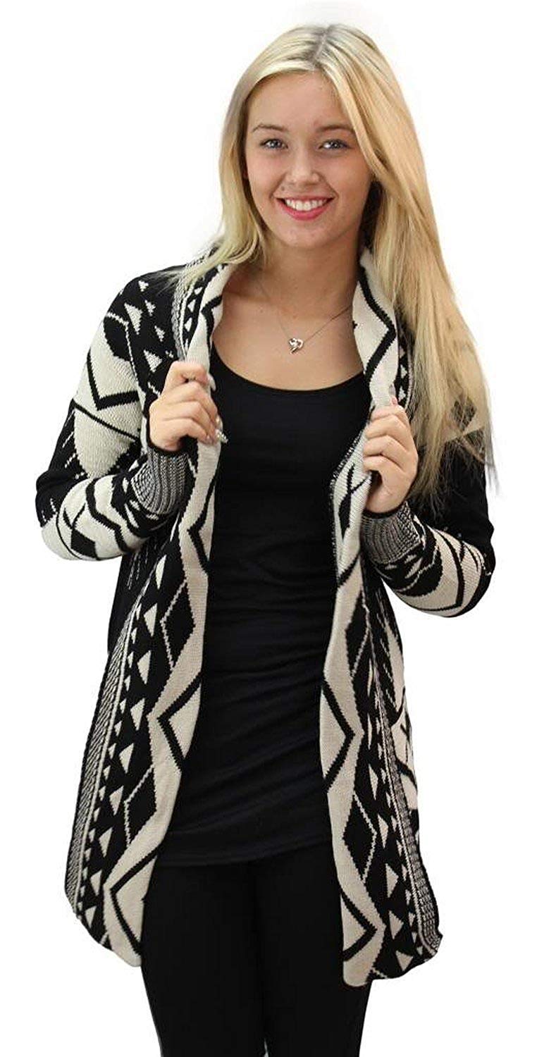 GirlzWalk ® Ladies Long Sleeves Bold Aztec Print Knitted Sweater Women Open Cardigan (Black & Stone, XXL/UK 20-22)