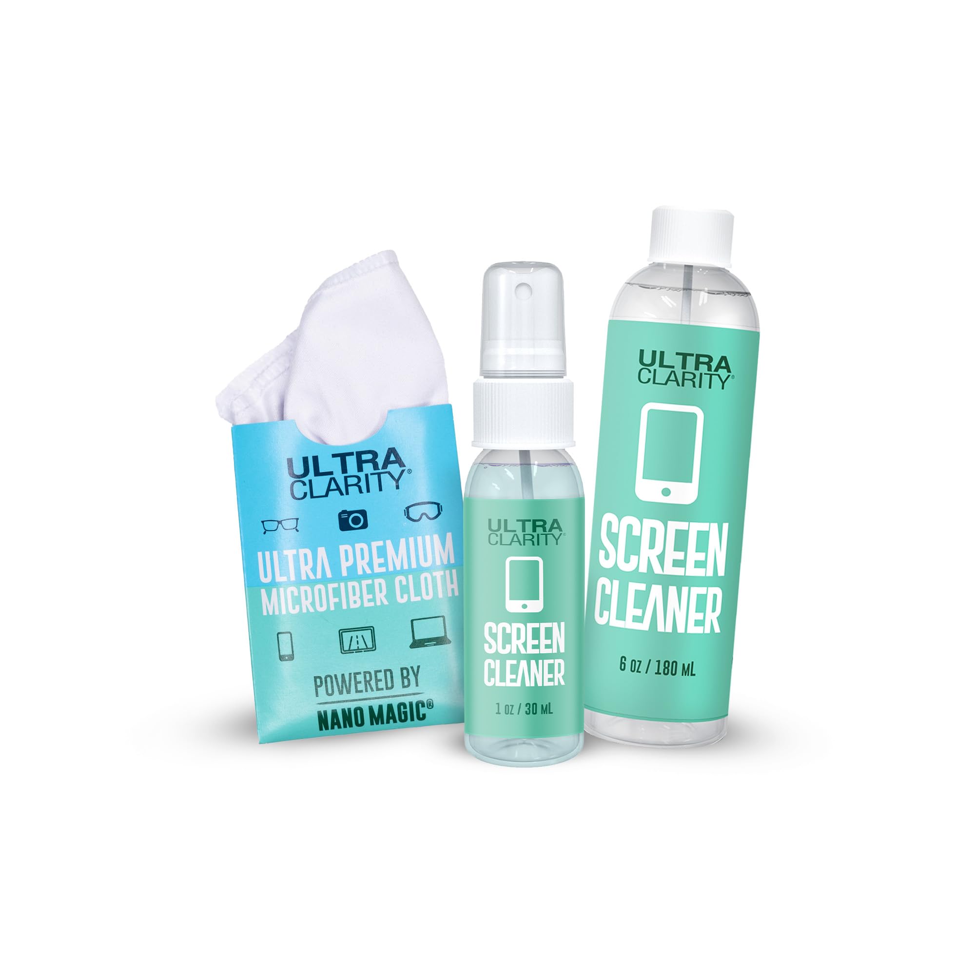 Powered by Nano Magic Screen Cleaner 7oz Value Pack | 1oz Spray, 6oz Refill, Microfiber Cloth | Streak-Free, All Glass Surfaces | Ideal for Touchscreen, Phone Screen, Laptop, Tablet
