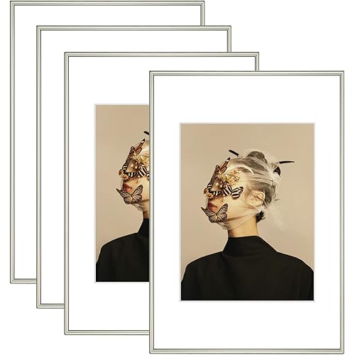 Fkvat 8x12 Picture Frame Set of 4, Matted Champagne Simple Modern Thin Aluminum Metal Photo Frame Fits 6x8 with Mat or 8 x 12 without Mat Photo. Display for Tabletop or Wall Collage. (8x12 Champagne).