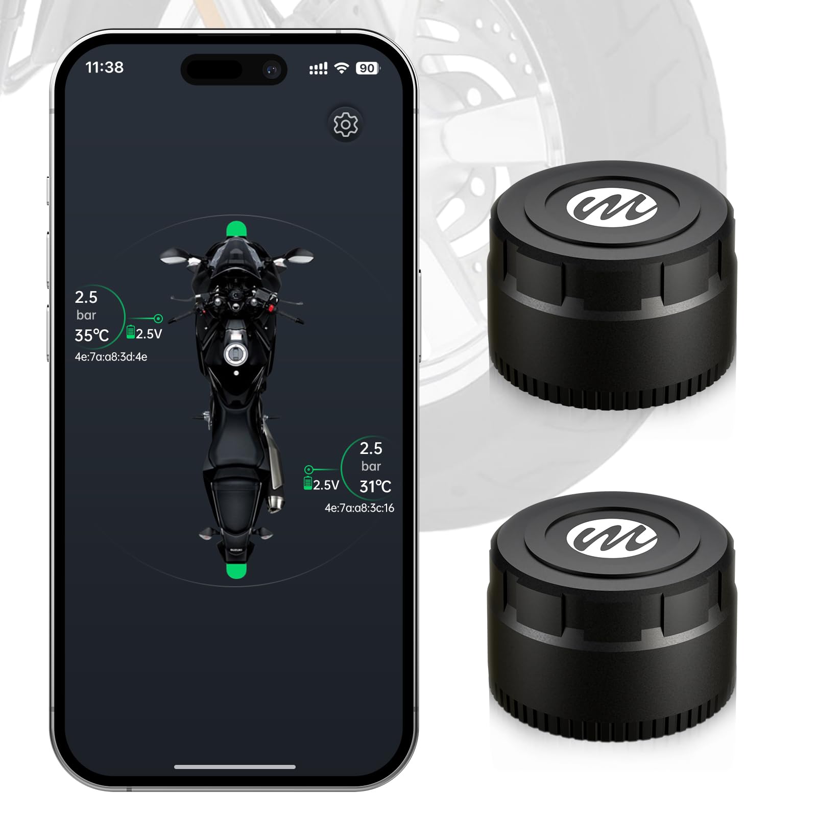 Moman Sistema TPMS Moto 2 Sensores, Monitor Presión y Temperatura Neumáticos con Alarma Manómetro de Presión de Neumáticos, Inalámbrico Solo iOS