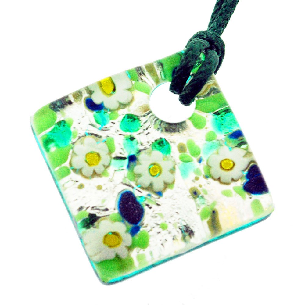 Venetian Murano Glass Silver and Yellow Daisies Pendant Necklace. Genuine handmade in Italy, beautifully presented in a gift box with certificate of authenticity.