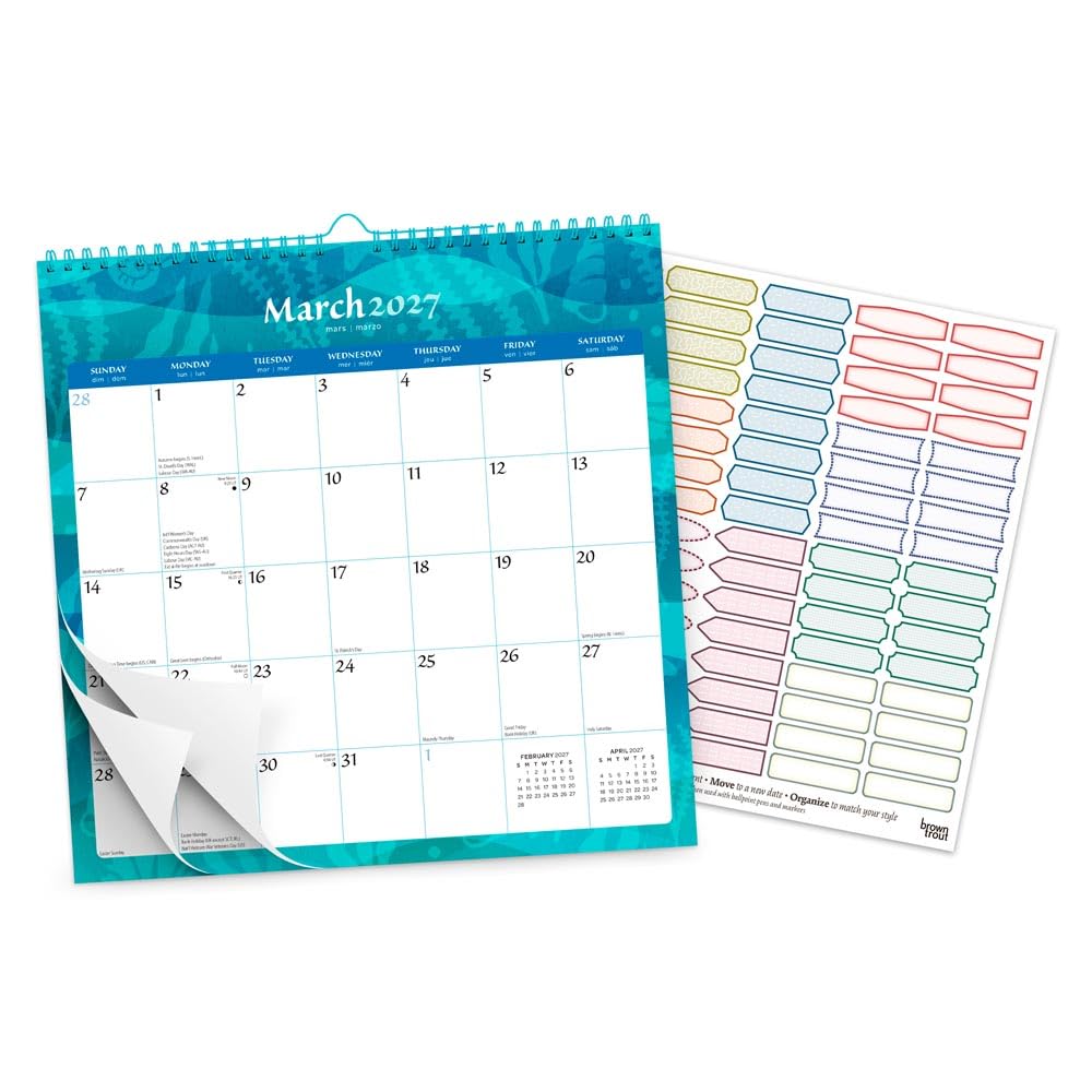 Seaside Currents | 2027 12 x 12 Inch (Hanging) Monthly Square Wire-O Calendar | Sticker Sheet | BrownTrout | Stationery Planning