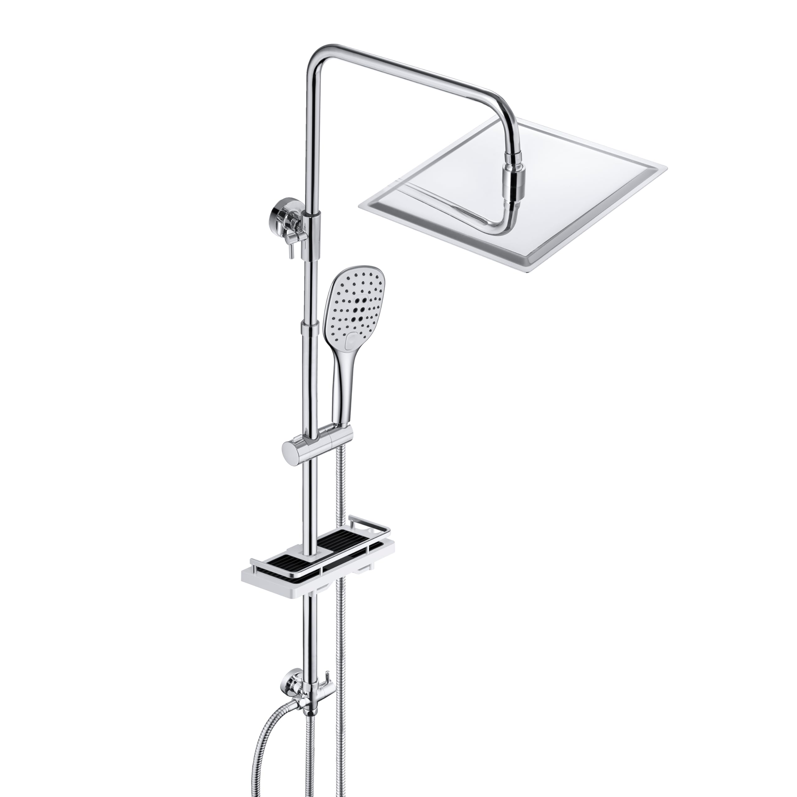 JOHO Shower Set Kit in 304 SUS with Soap Dish Shelf, Shower Holder Bracket Adjustable, Riser Rail Bar with Rainfall Shower Head Chrome 25x25cm
