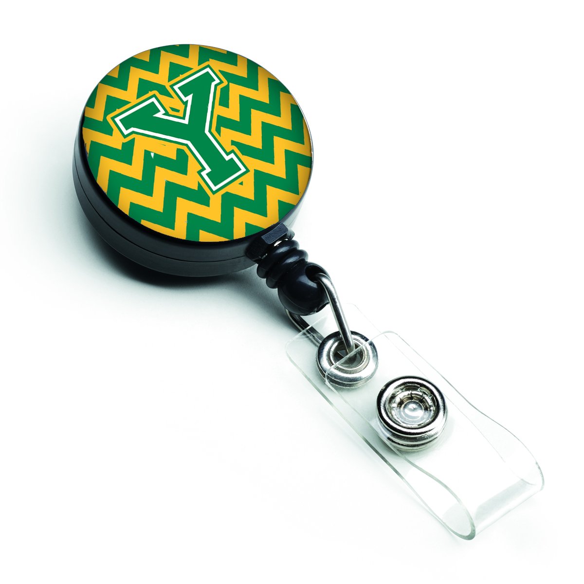 Caroline's Treasures CJ1059-YBR Letter Y Chevron Green and Gold Retractable Badge Reel for Nurses ID Badge Holder with Clip Retractable Employee Badge Holder, Belt Clip, Multicolor