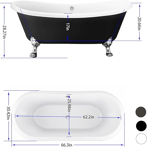Miniatura 3 de Bañera independiente de acrílico de 59 pulgadas, bañera independiente con patas de garra, bañera de remojo con desbordamiento ranurado integrado,