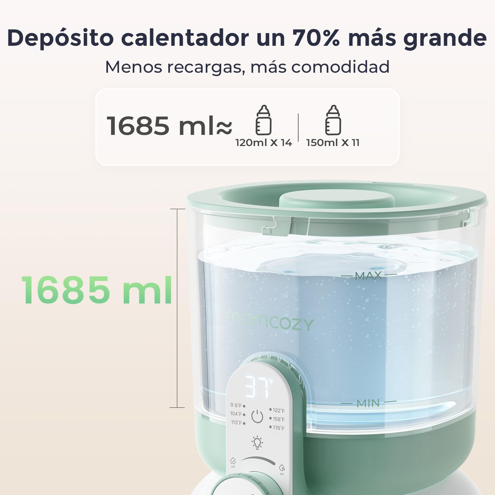 Momcozy calienta biberones con luz doble, calentador rápido de leche bebé, 1,69L, 6 niveles, uso recomendado de agua purificada