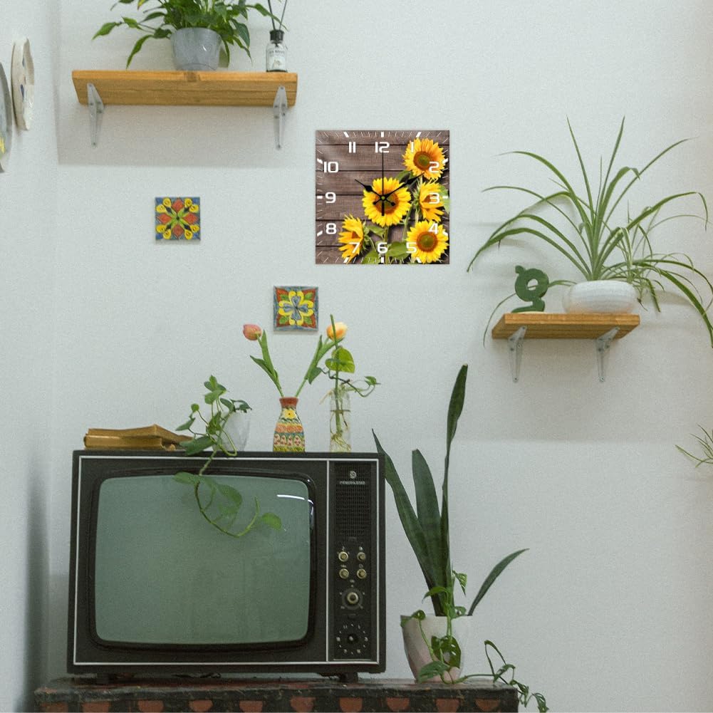 CHGCRAFT 12inch Sunflower Vintage Pattern Wall Clock Silent Square Wall Clocks Battery Operated Rustic Farmhouse Clock for Home Decor Living Room Kitchen Office