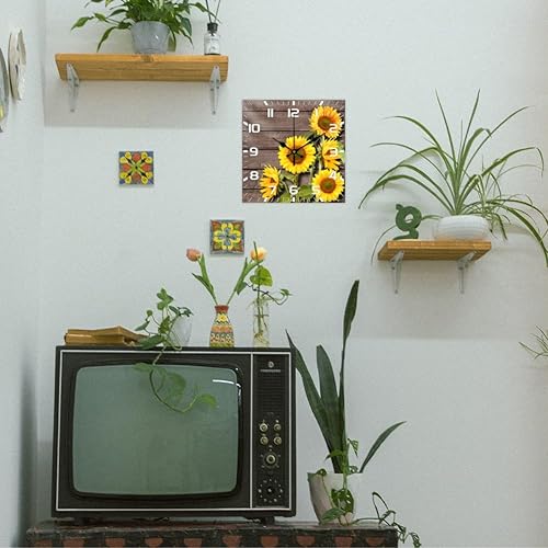 Miniatura 6 de CHGCRAFT Reloj de pared de 12 pulgadas con patrón vintage de girasol, reloj de pared cuadrado de madera silencioso, funciona con pilas, reloj de