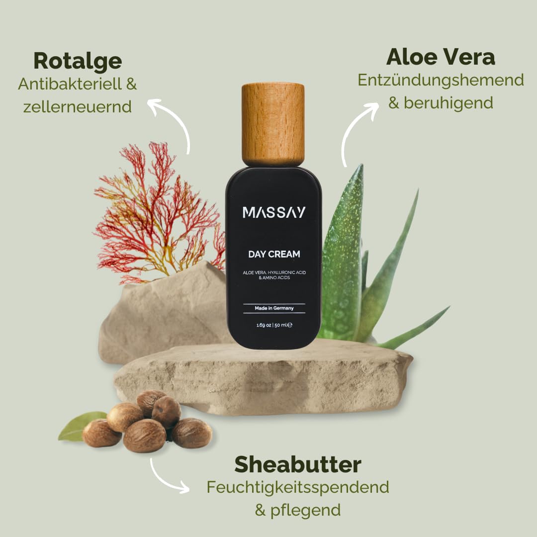 Crema viso per donne e uomini, 50 ml, crema idratante con acido ialuronico, aloe vera e aminoacidi, realizzata a mano in Germania, idratante faccia, Massay