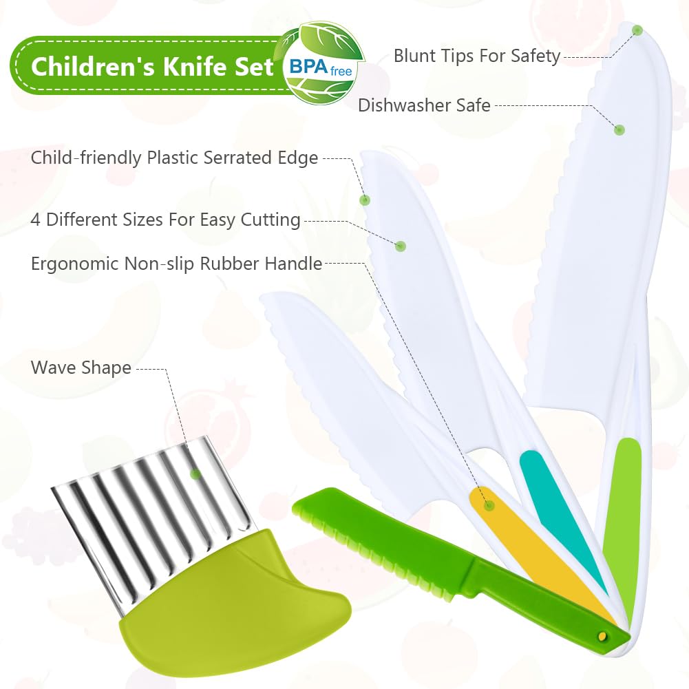 HOTUT Juego de Cuchillos de Cocina de Plástico 5pcs para Niños Cortar Frutas Verduras