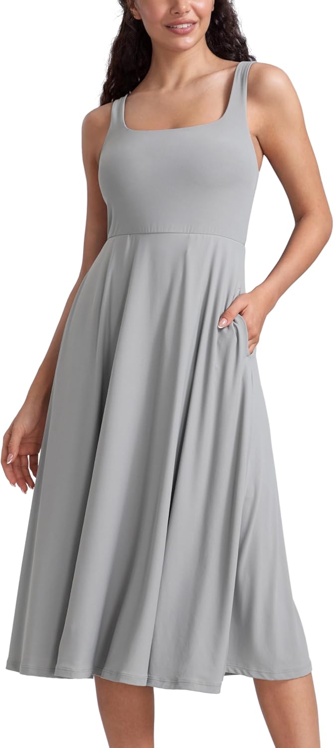 CRZ YOGA Womens Cloudweight Double Lined Square Neck Midi Dresses Casual Sleevel… — best spring outfit ideas UK