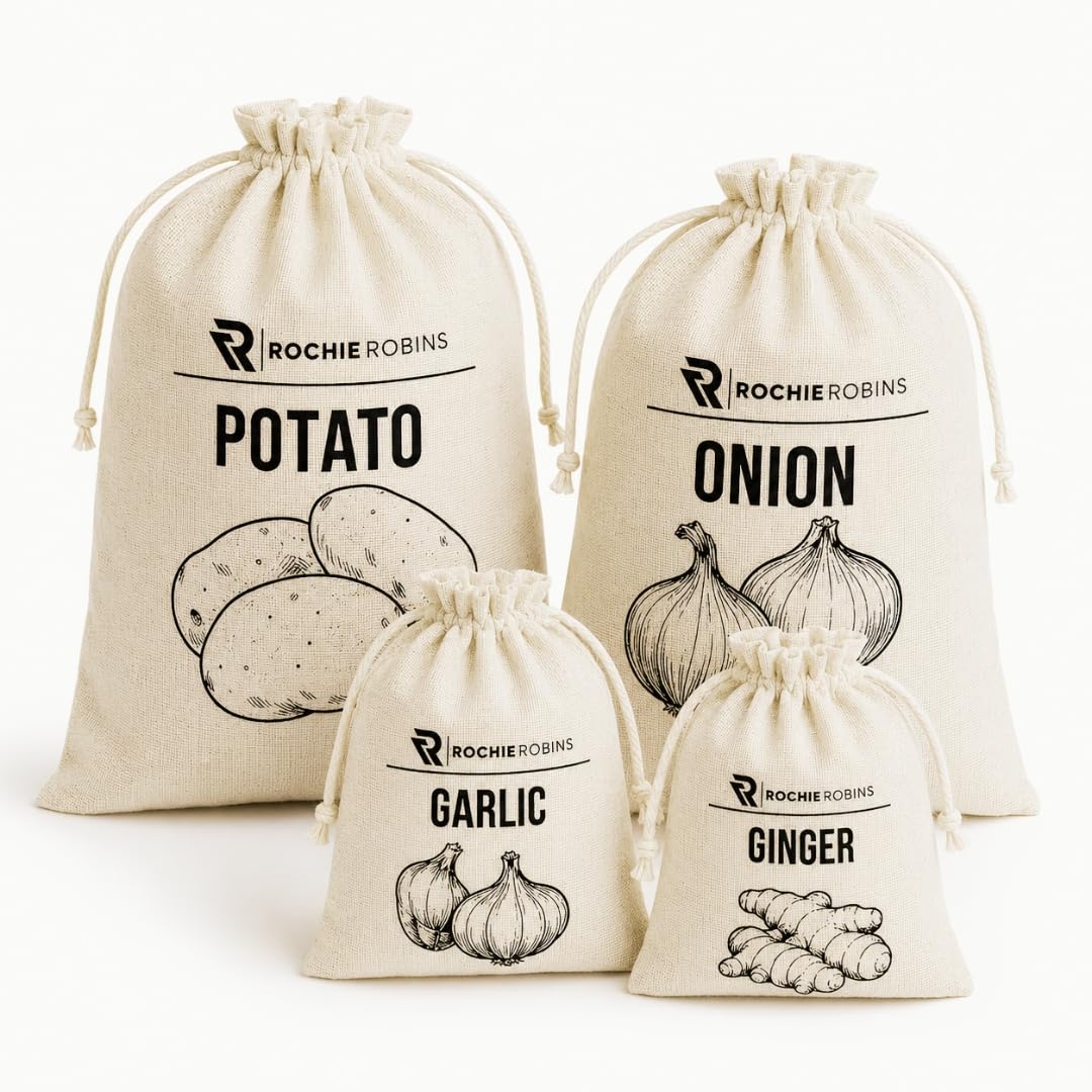 4-Pack Reusable Cotton Vegetable Storage Bags, Breathable Drawstring Bags for Potatoes, Onions (30x40cm), Garlic & Ginger (20x25cm) Keep Food Fresh Naturally