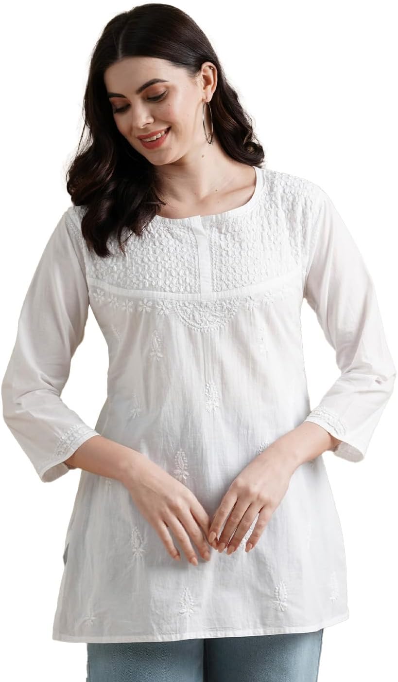 Ada Indian Hand Embroidered Chikankari Cotton Short Kurti Top Tunic for Women A208704