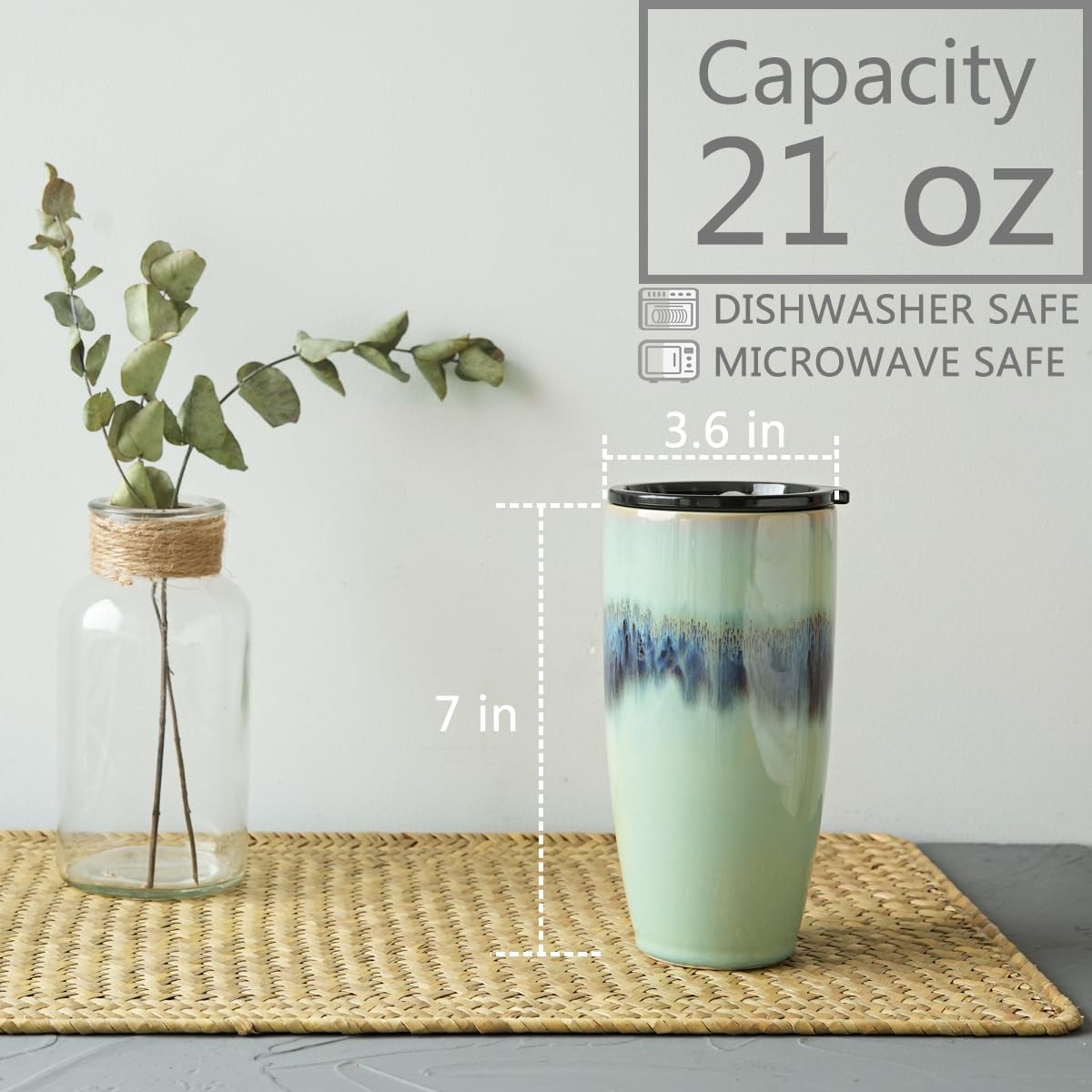 Bosmarlin Ceramic Travel Coffee Cup with Lid, 21 oz, Portable Coffee Mug for Car Cup Holder, Microwave Safe, Reactive Glaze (Forest Green) - Image 2