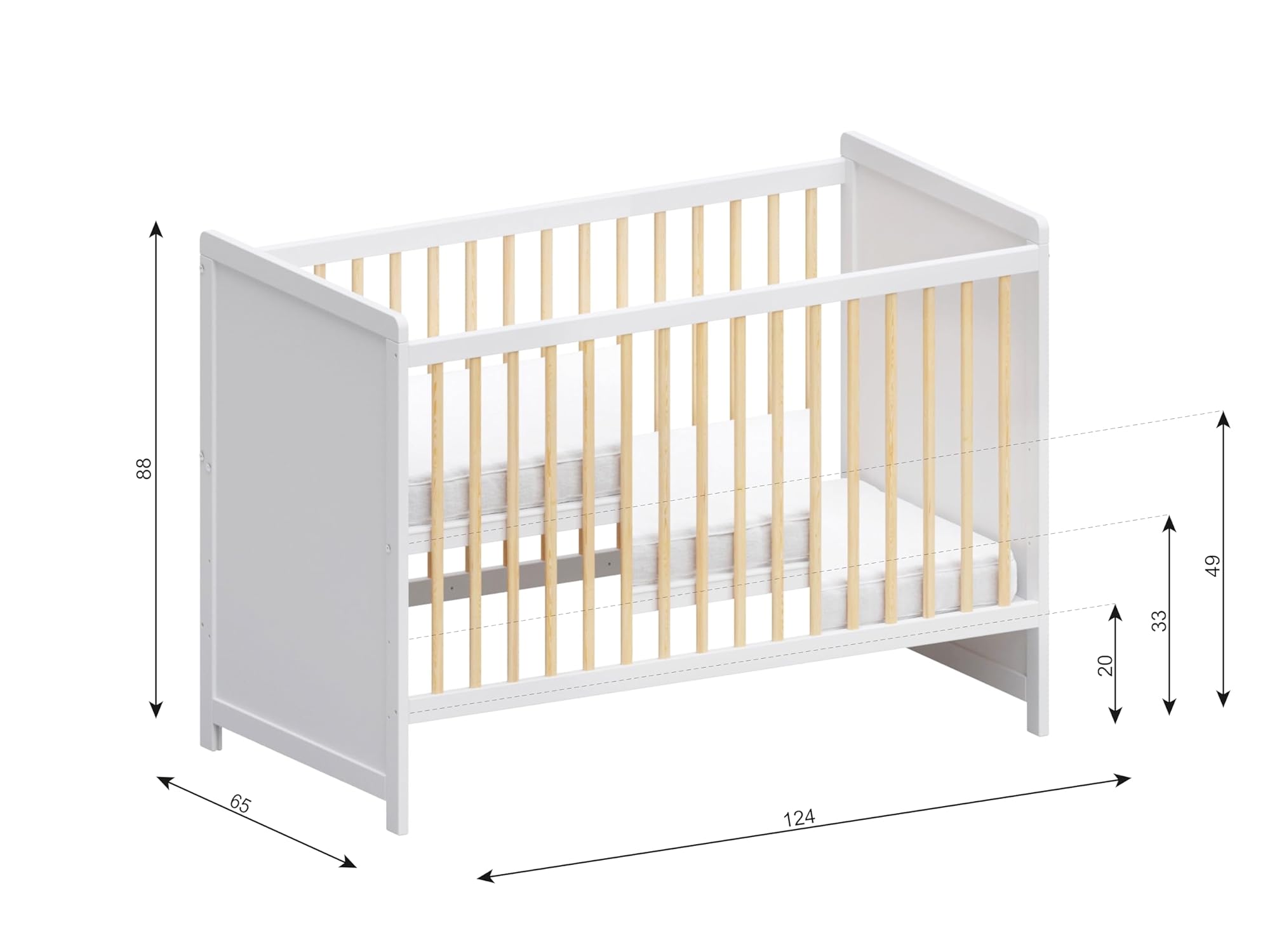 Love For Sleep Cuna Convertible en Cama 120x60 cm Tokyo de Madera de Pino Color Pino Blanco con Barrera de Seguridad – Cuna-Cama para Bebé, Juego Completo